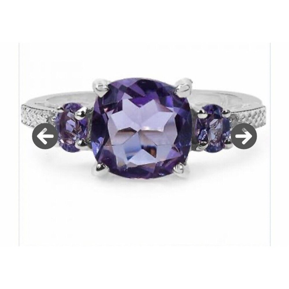 14 K White Gold Over Sterling Silver Size 7 Cushion Cut Designer Amethyst Ring
